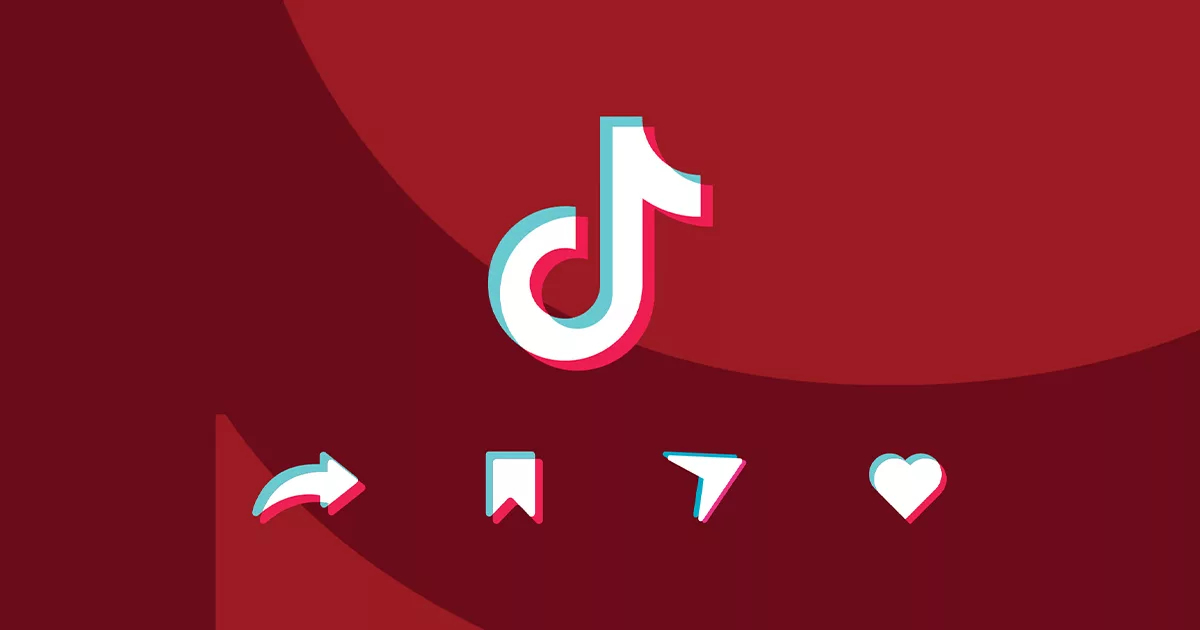 TikTok logo with interface icons on red abstract background