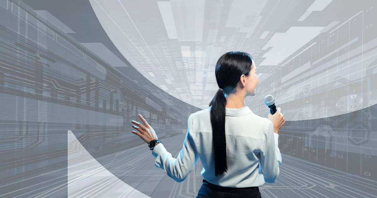 Woman presenting with microphone against futuristic digital background