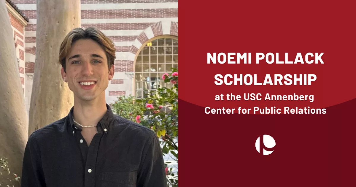 Smiling student in front of USC Annenberg celebrating Noemi Pollack Scholarship.