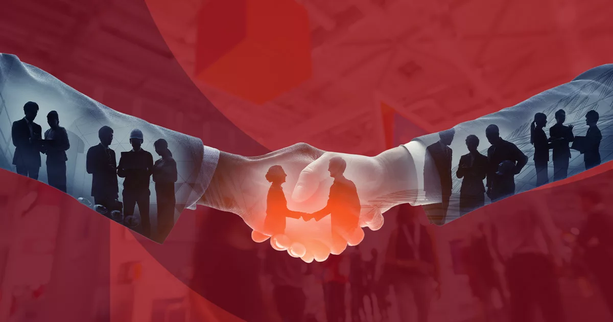 Business handshake overlay with networking event background in red tones