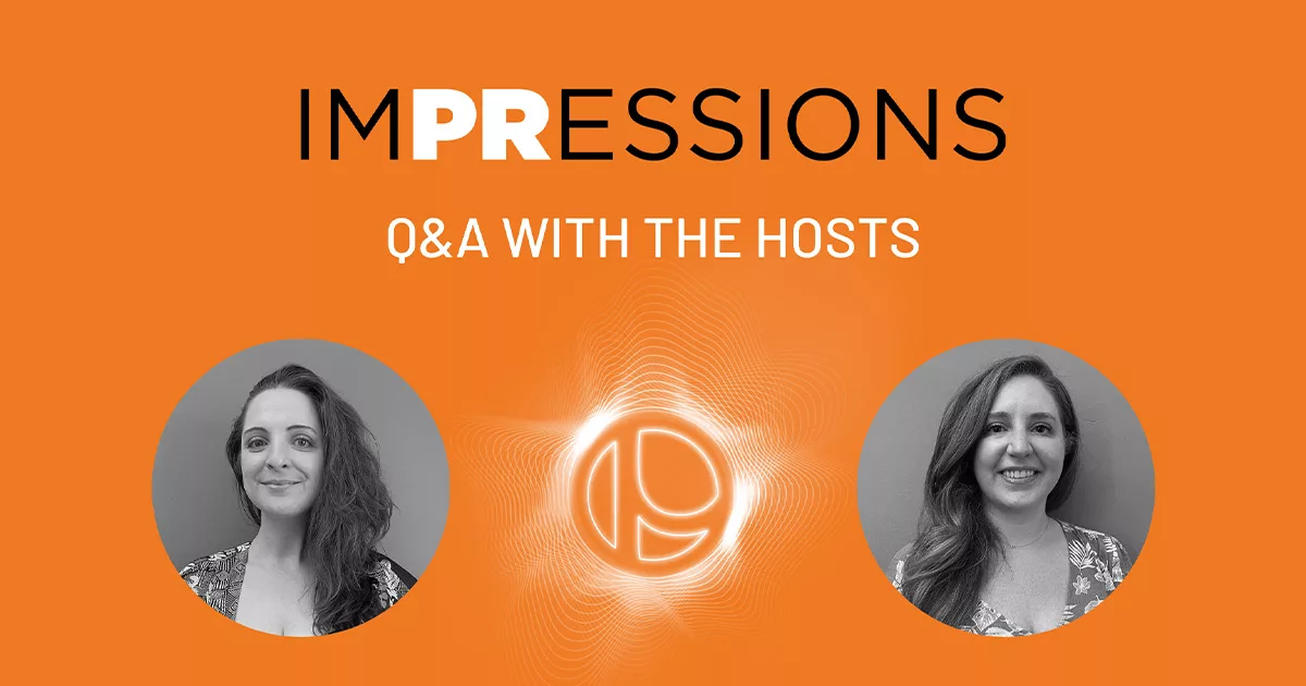 Promotional banner for "IMPRESSIONS Q&A with the hosts" featuring two women.