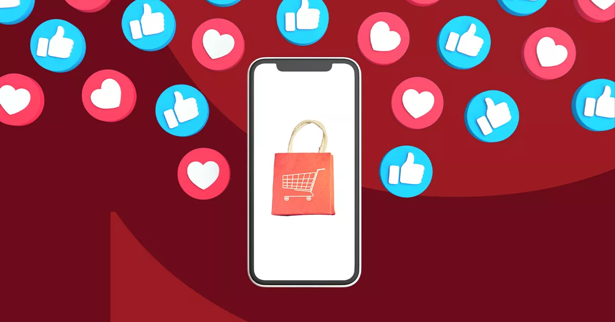 Smartphone with shopping bag icon surrounded by social media likes and hearts.