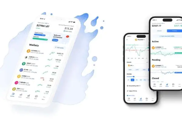 Crypto portfolio app on smartphone screens showing wallet balances