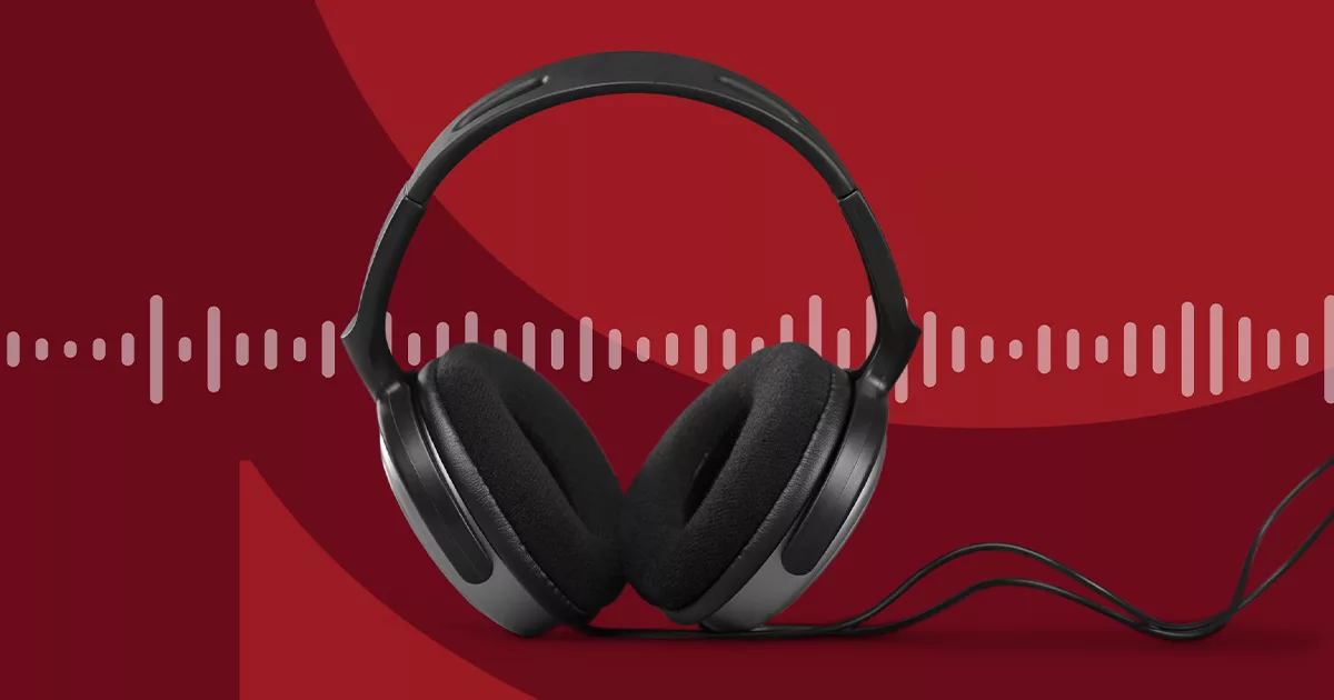 Black headphones on red background with white sound wave pattern