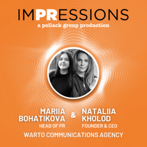 Promotional graphic for Impressions featuring Mariia Bohatikova & Nataliia Kholod of WARTO Communications Agency.