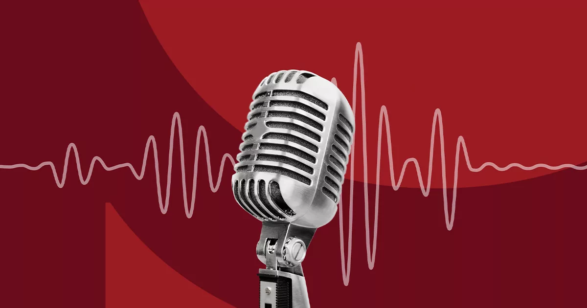 Vintage microphone against a red background with audio wave graphic