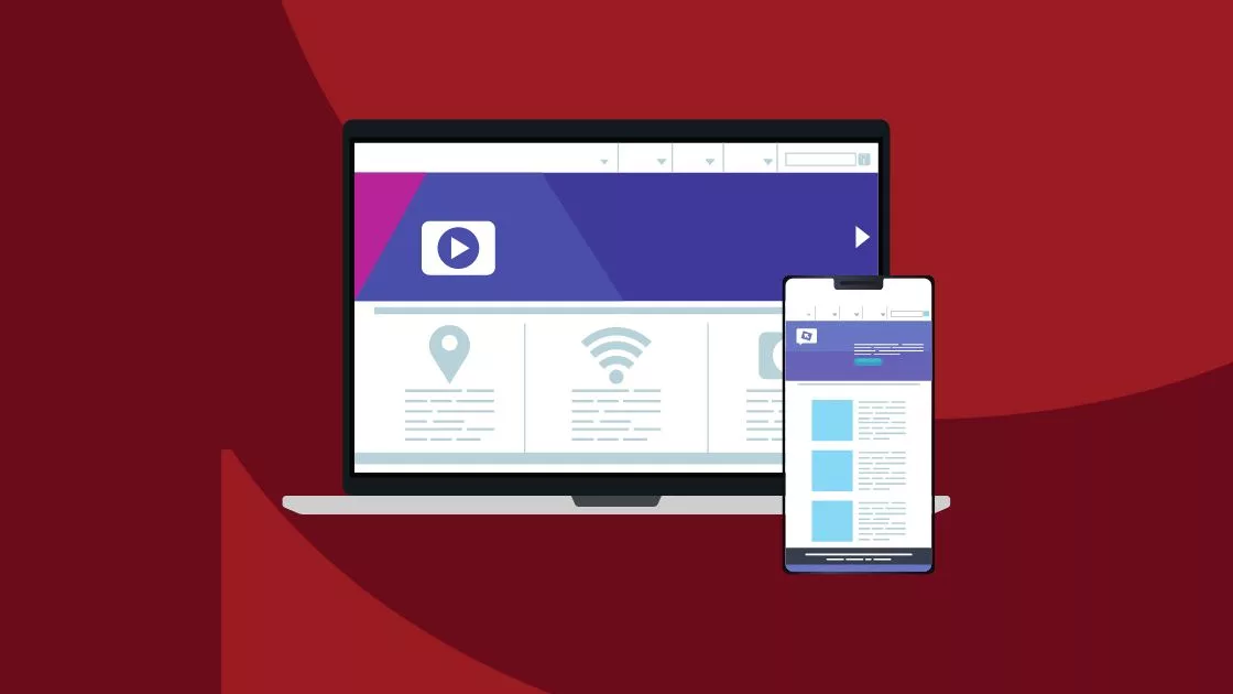 Responsive web design concept with desktop and mobile screens on red background