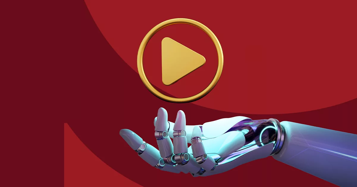 Robot hand presenting a gold play button symbol on red background