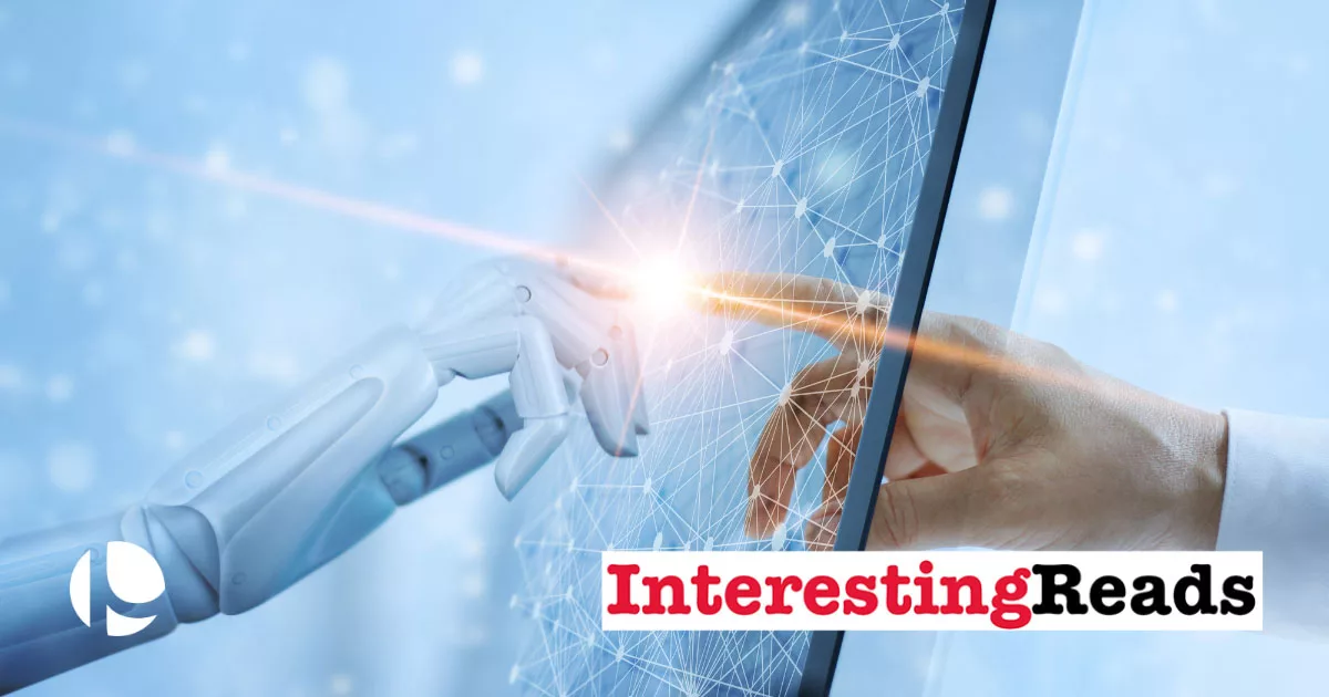 Robot and human hands touching through digital interface with "InterestingReads" logo
