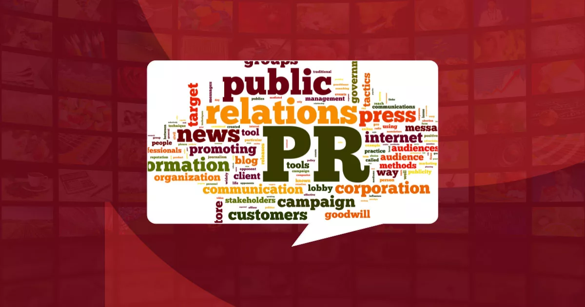 Word cloud with 'PR' and public relations related terms on red background