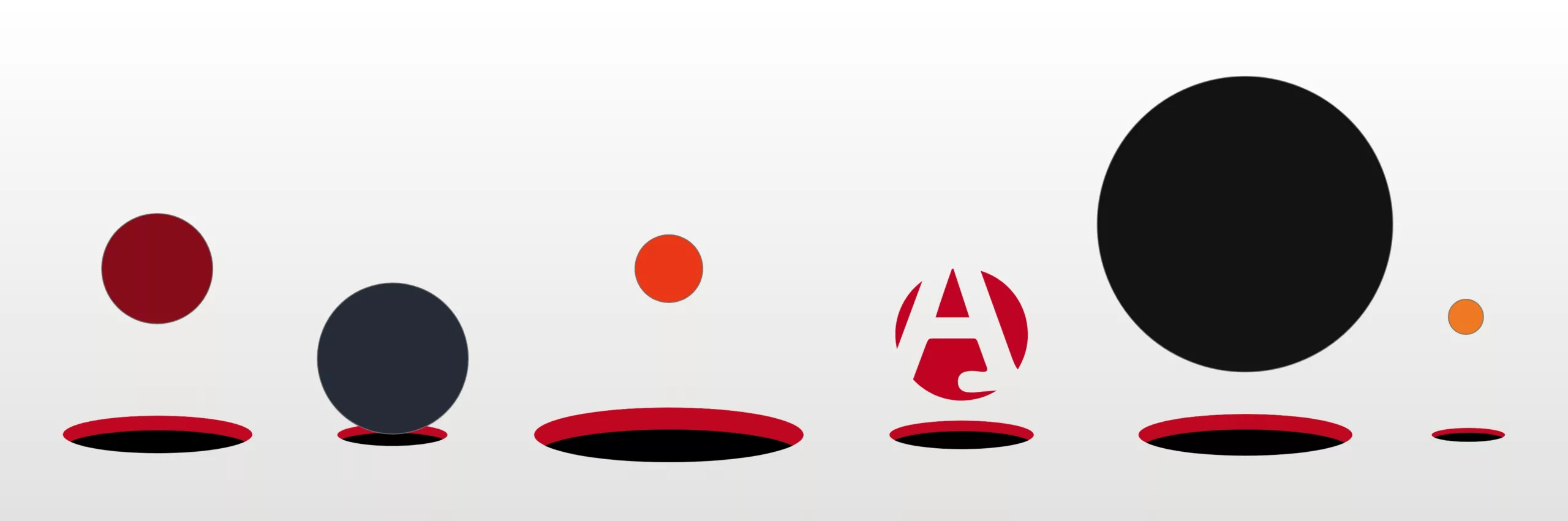 Black and red circles of varying sizes hover above shadows on a white background