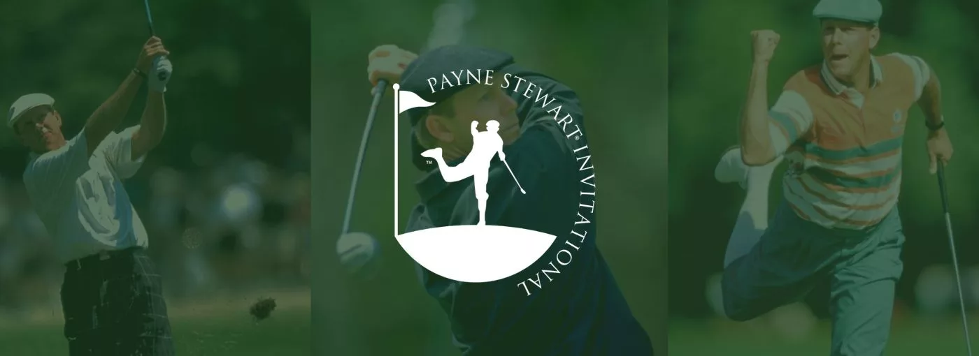 Tribute banner with two golfers and Payne Stewart Invitational logo