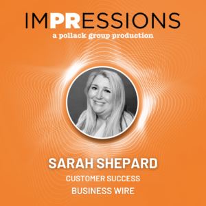 Orange promotional graphic for Impressions with female professional's portrait and name.