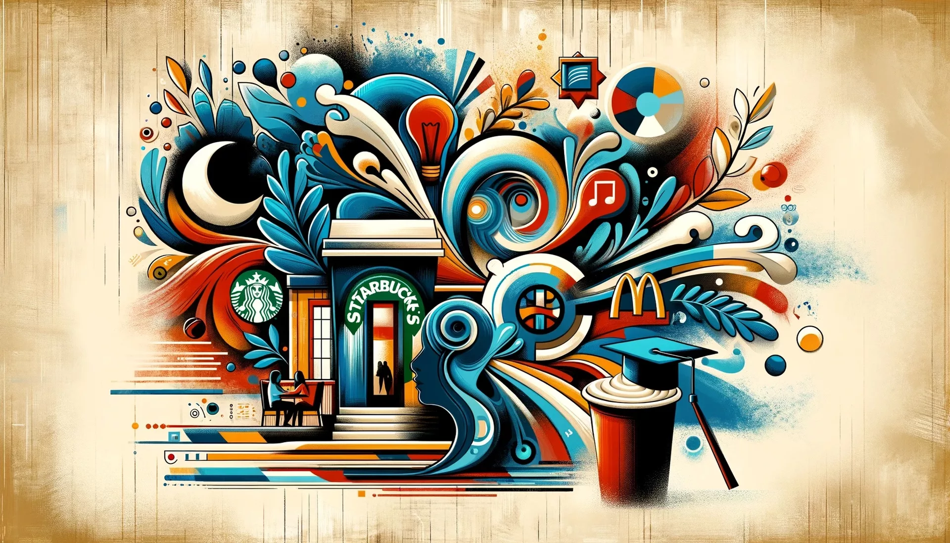 Colorful abstract mural featuring Starbucks and McDonald's among whimsical designs.