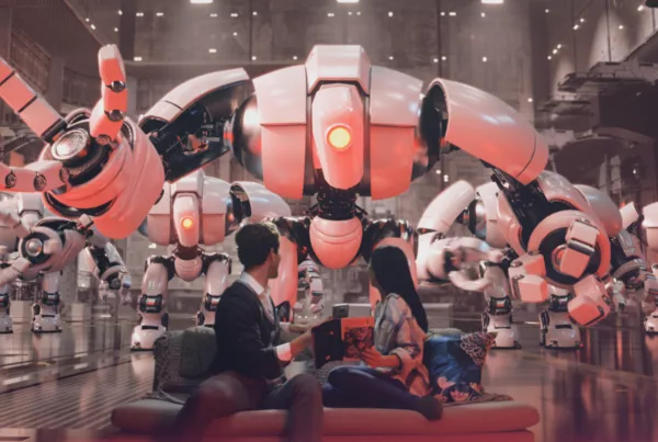 Futuristic industrial setting with advanced robots and human workers interacting.