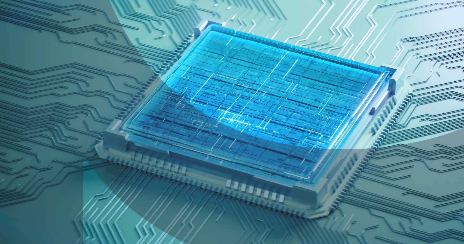 3D illustration of blue glowing futuristic microchip on circuit board