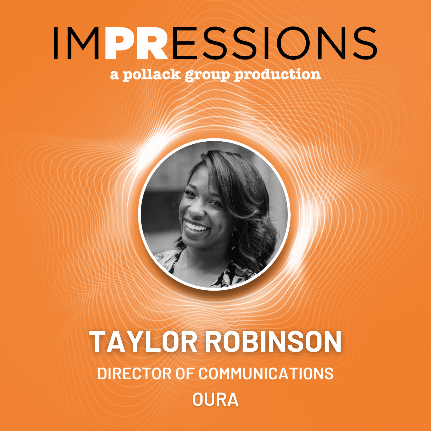 Promotional graphic with smiling woman for Impressions by the Pollack Group.