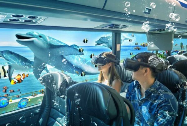 A man and a woman on a bus with VR headsets watching dolphins swim by their window