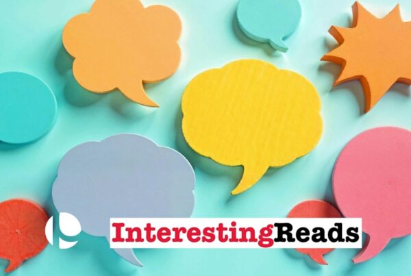 Speech bubbles of various shapes, sizes, and colors on a turquoise background.