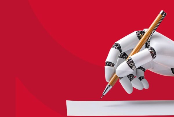 Robotic hand holding pen preparing to write on a piece of paper in front of a red background