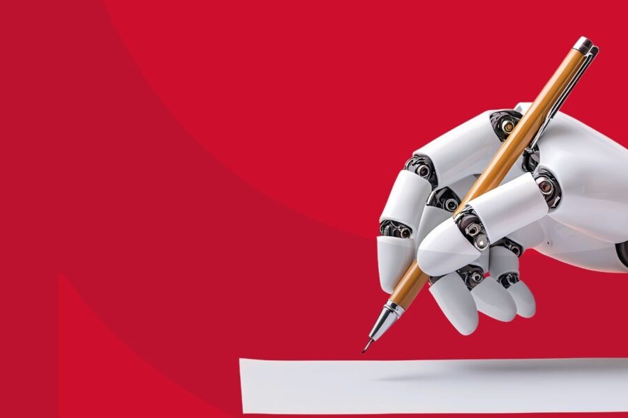 Robotic hand holding pen preparing to write on a piece of paper in front of a red background