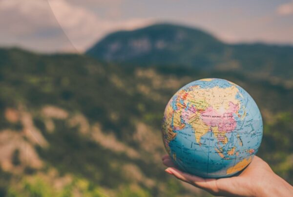 Hand holding a small version of a globe in the middle of a forest