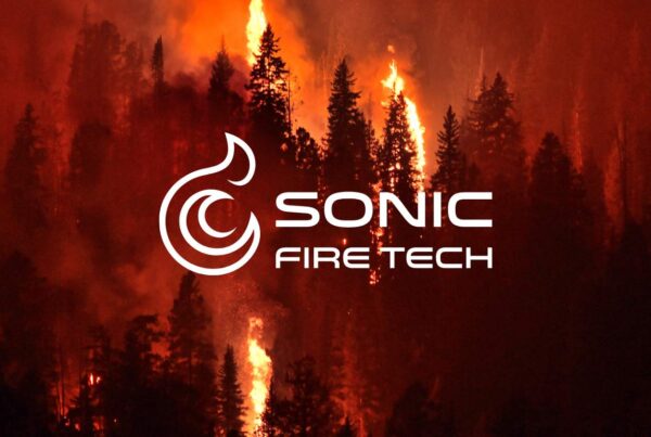 Sonic Fire Tech logo on top of an image of wildfires
